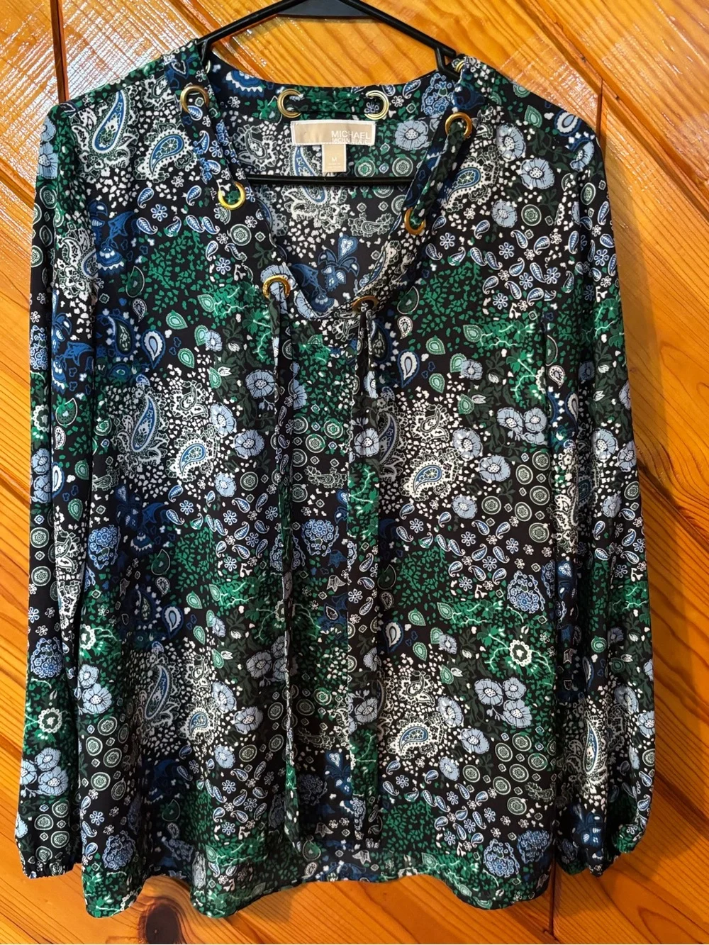 MICHAEL Michael Kors Black, Green & Blue Paisley Tie-Neck Blouse